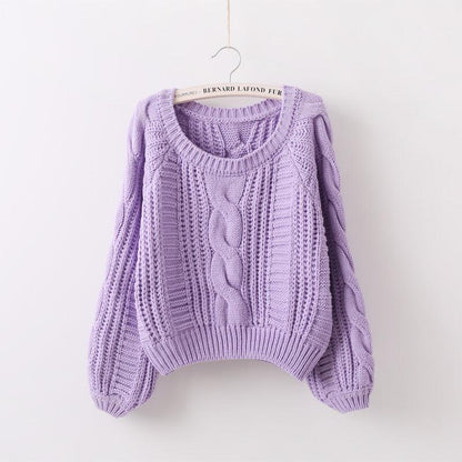 Pullover Loose Thick Line Short Puff Sleeve Sweater.