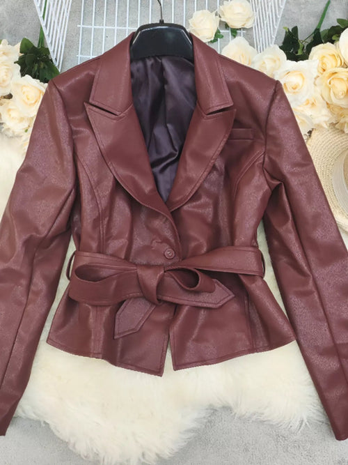 Belted Faux Leather Blazer.