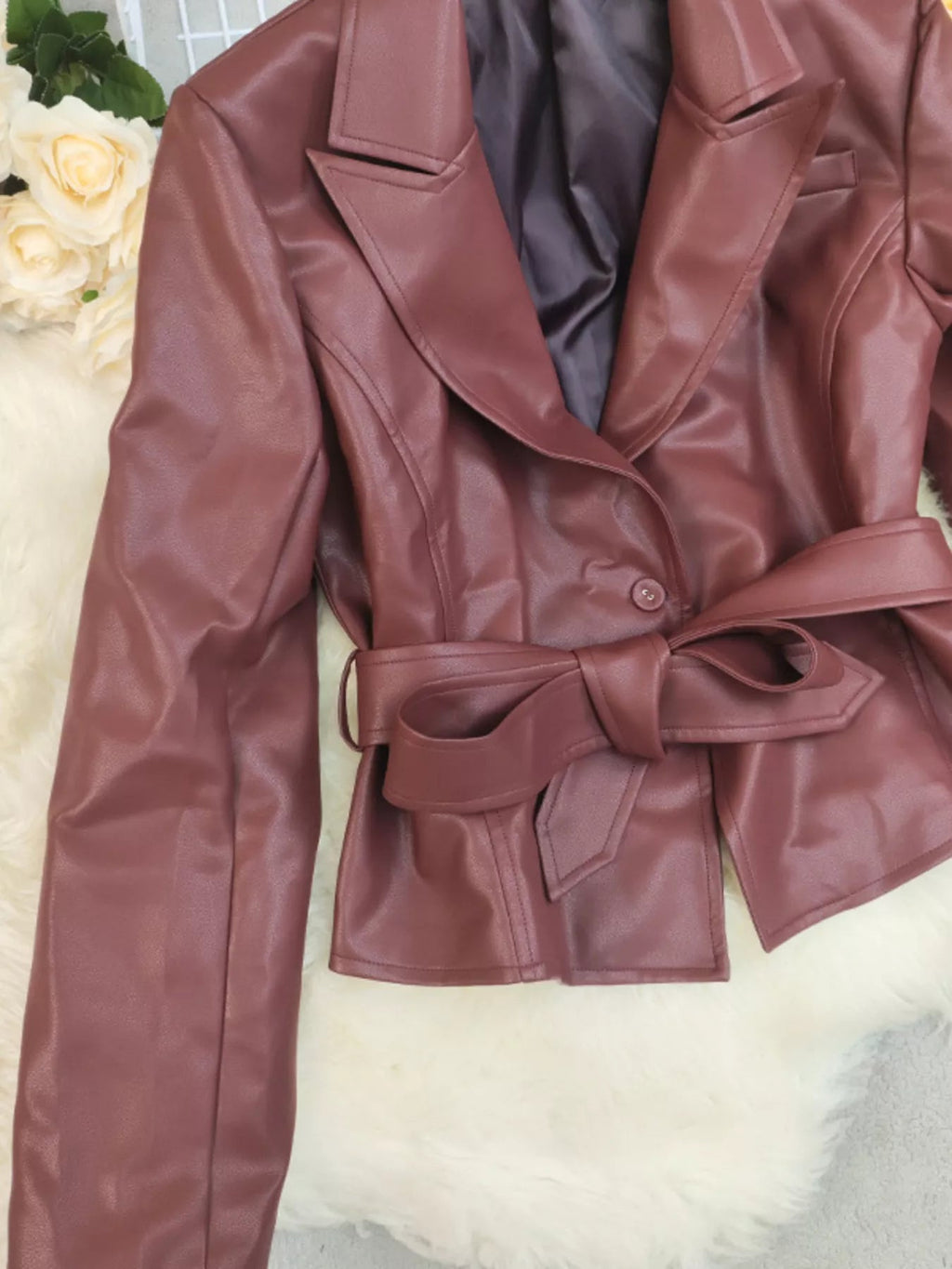 Belted Faux Leather Blazer.
