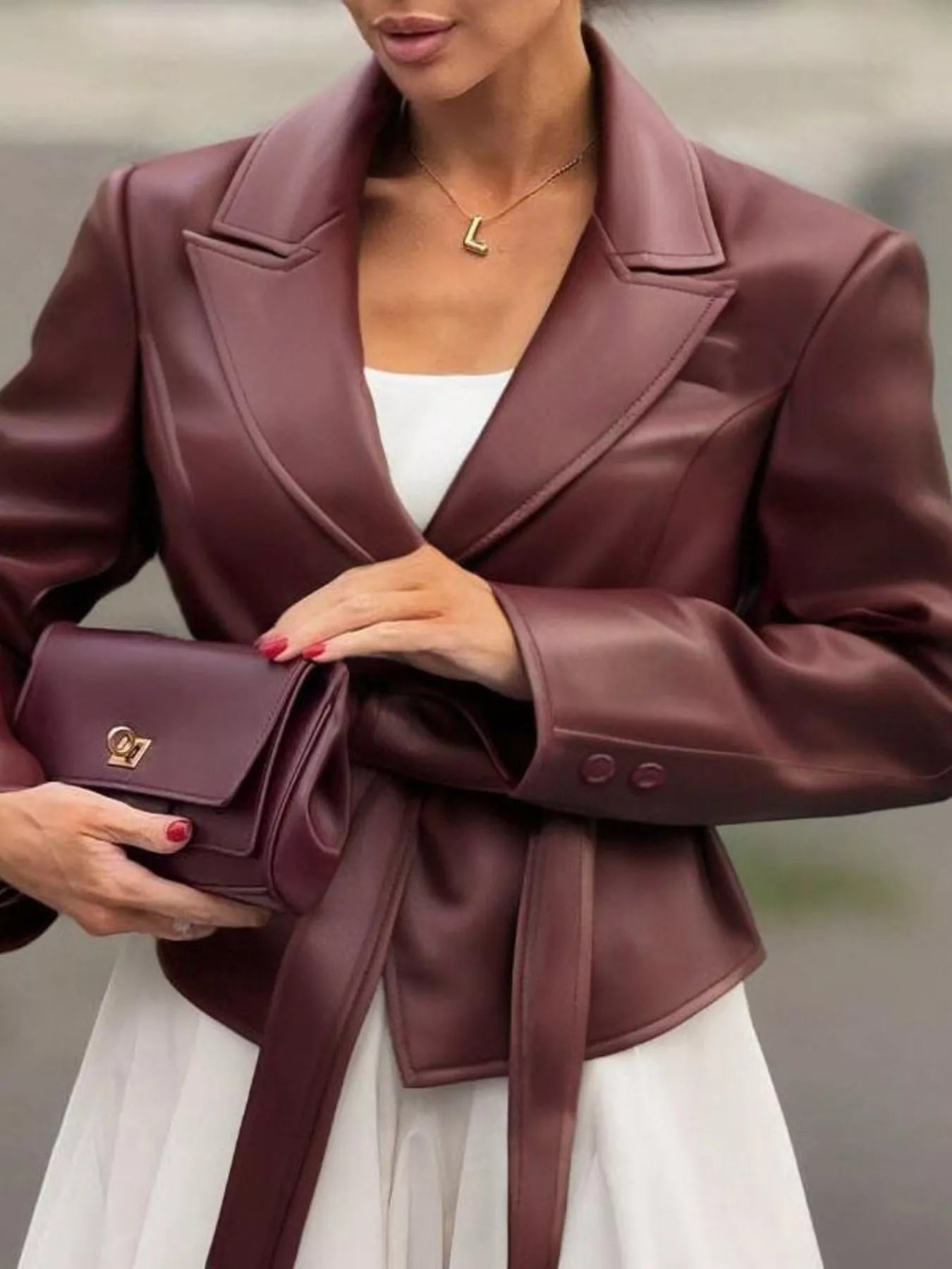 Belted Faux Leather Blazer.