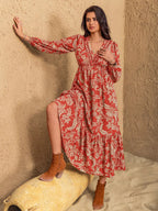 Boho Floral Print Long Sleeve Midi Dress.