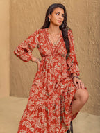 Boho Floral Print Long Sleeve Midi Dress.
