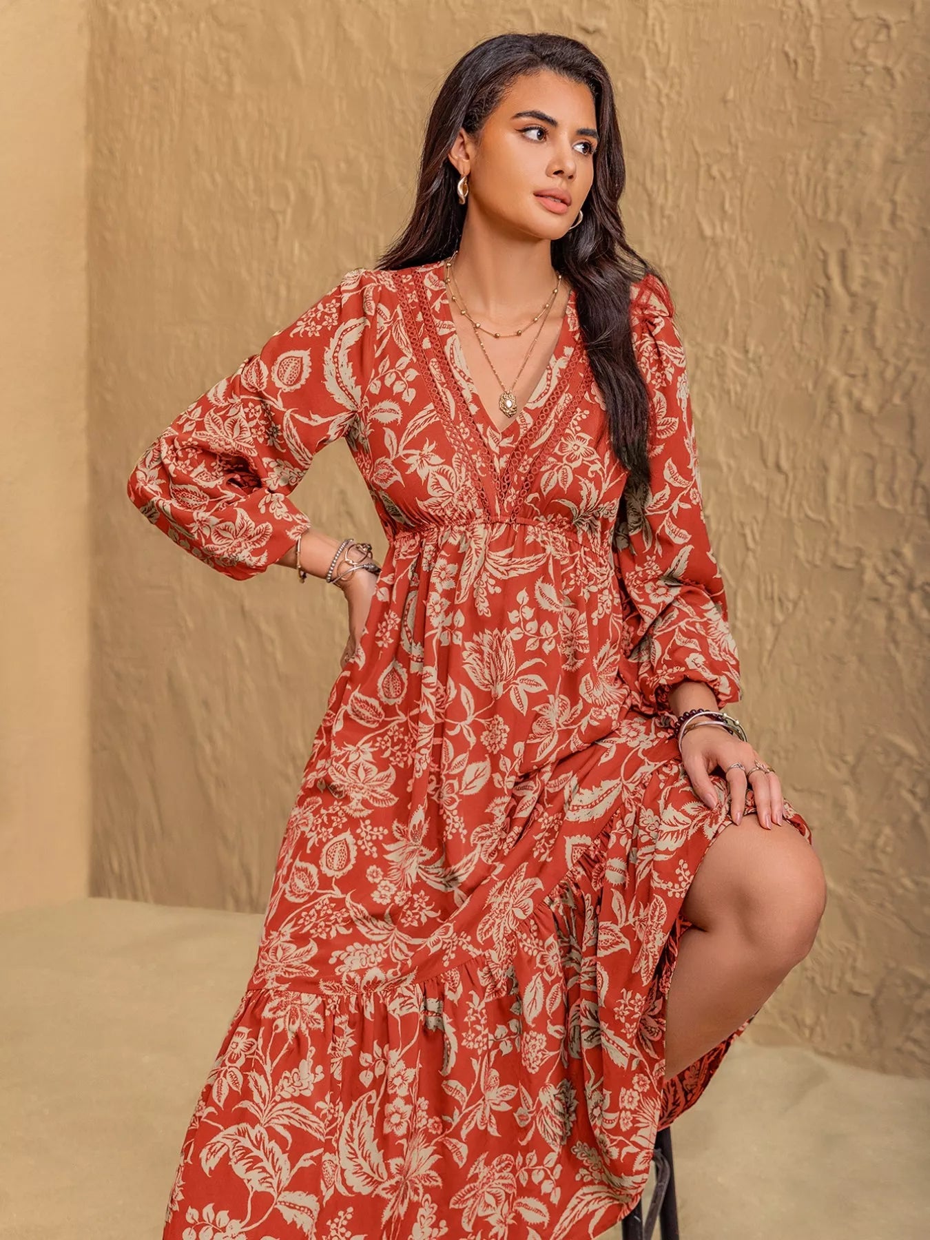 Boho Floral Print Long Sleeve Midi Dress.
