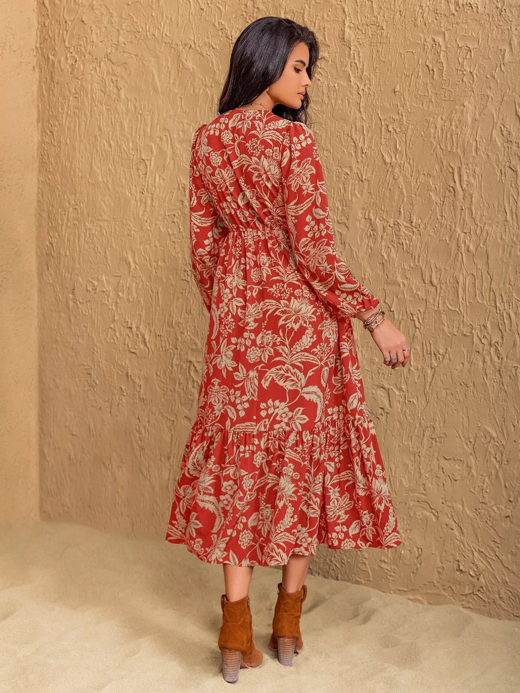Boho Floral Print Long Sleeve Midi Dress.