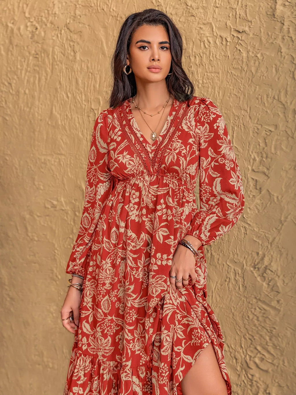 Boho Floral Print Long Sleeve Midi Dress.