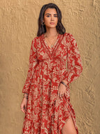 Boho Floral Print Long Sleeve Midi Dress.