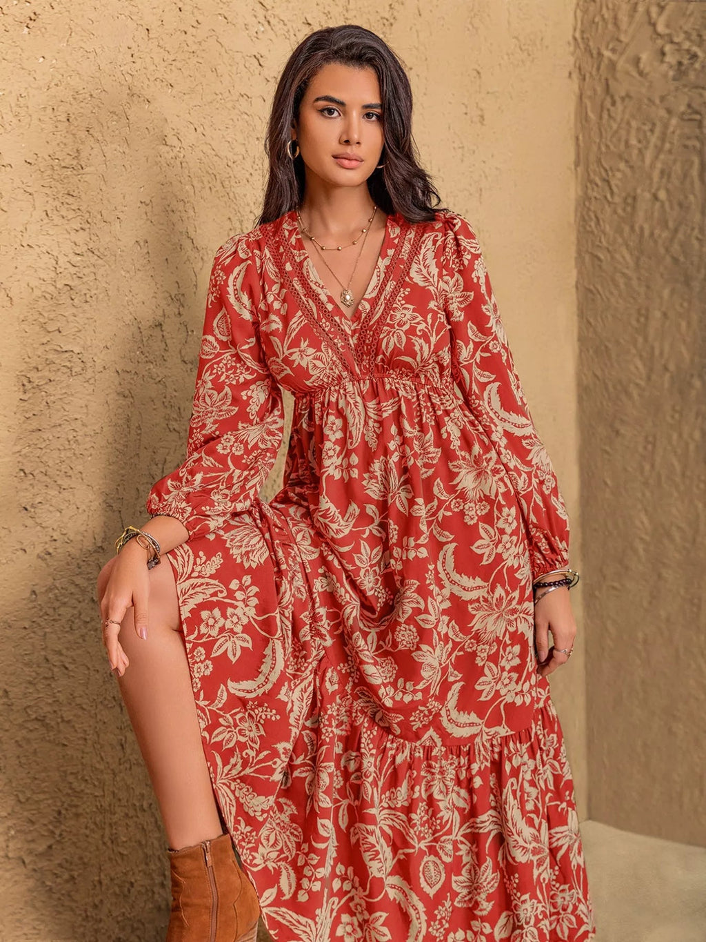 Boho Floral Print Long Sleeve Midi Dress.