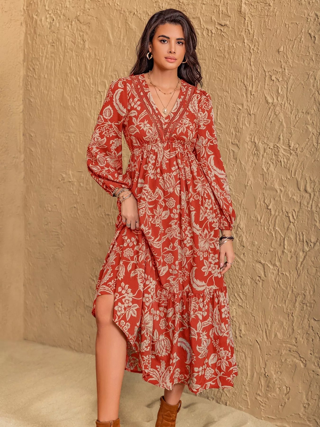 Boho Floral Print Long Sleeve Midi Dress.