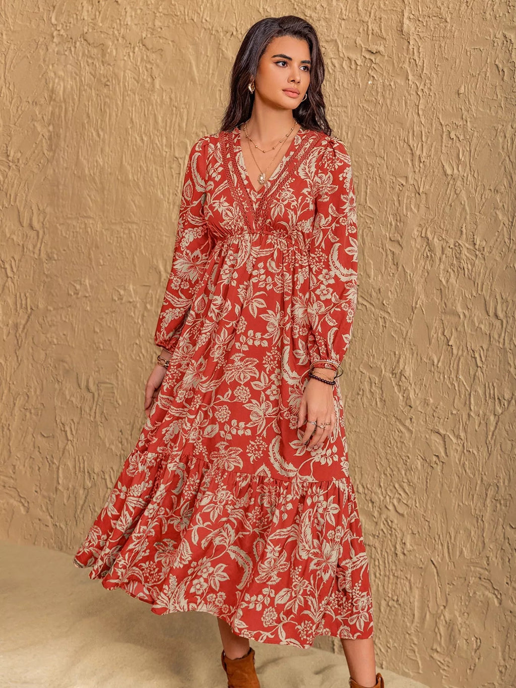 Boho Floral Print Long Sleeve Midi Dress.