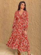 Boho Floral Print Long Sleeve Midi Dress.