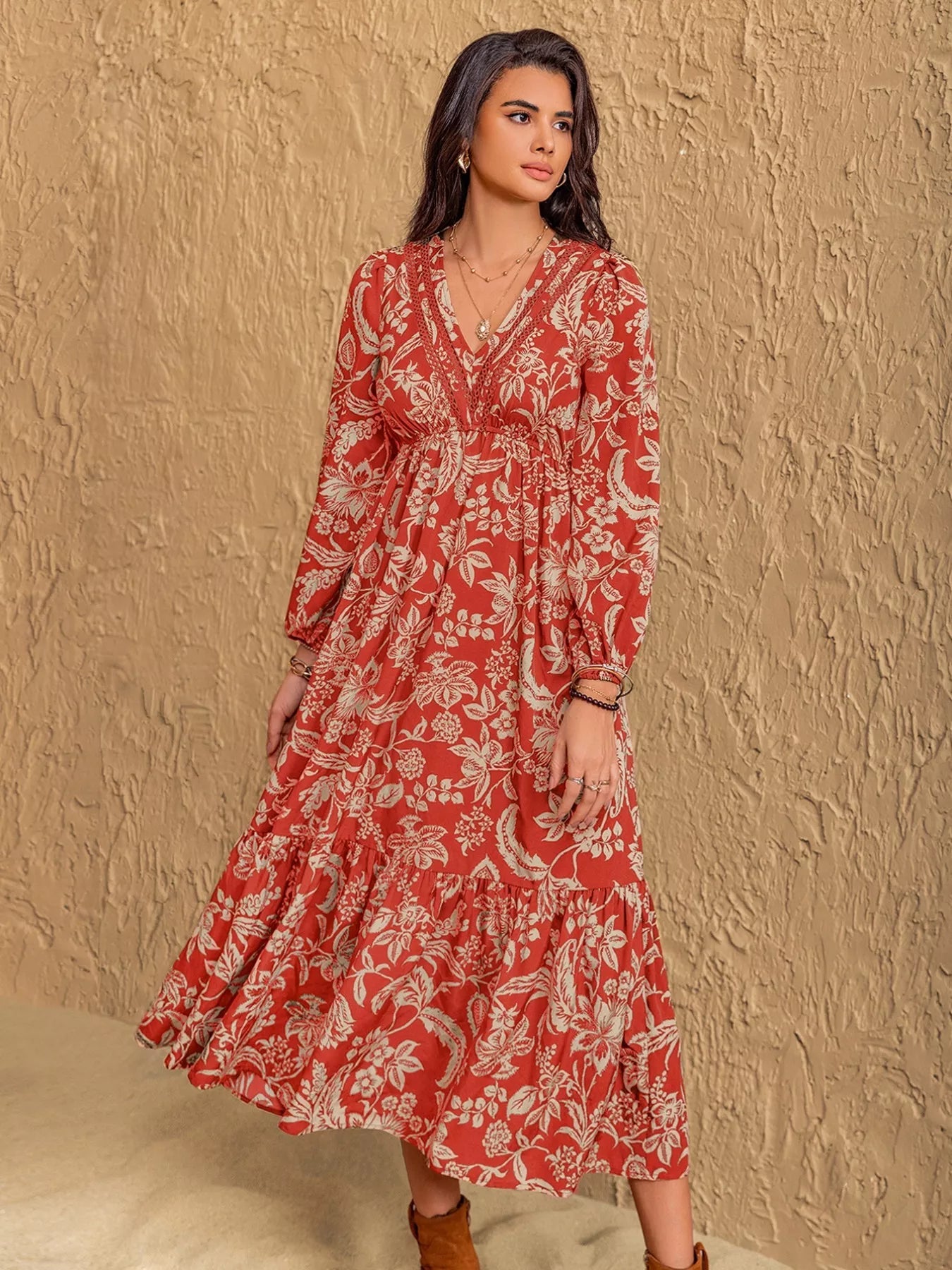 Boho Floral Print Long Sleeve Midi Dress.
