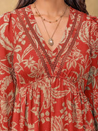 Boho Floral Print Long Sleeve Midi Dress.