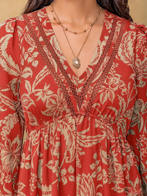 Boho Floral Print Long Sleeve Midi Dress.