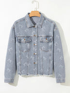 Bow Knot Print Light Wash Raw Hem Denim Jacket.