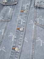 Bow Knot Print Light Wash Raw Hem Denim Jacket.