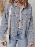 Bow Knot Print Light Wash Raw Hem Denim Jacket.