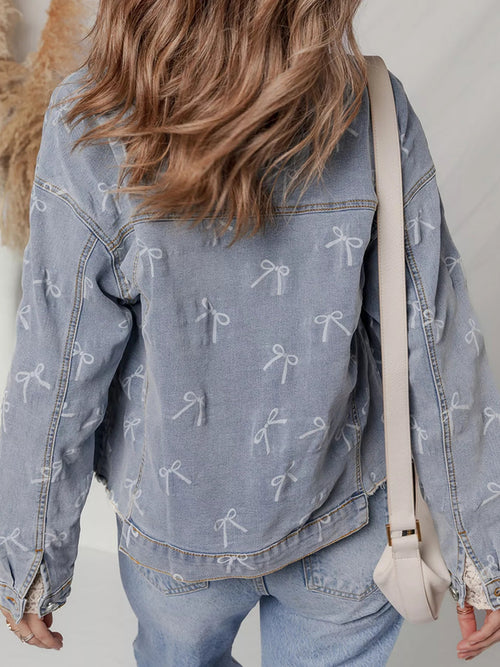Bow Knot Print Light Wash Raw Hem Denim Jacket.