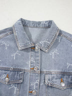 Bow Knot Print Light Wash Raw Hem Denim Jacket.