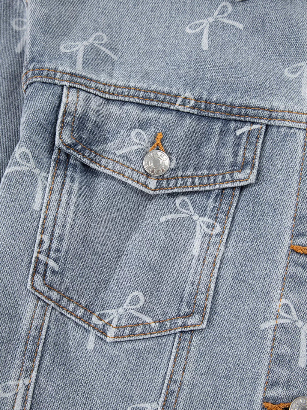 Bow Knot Print Light Wash Raw Hem Denim Jacket.