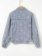 Bow Knot Print Light Wash Raw Hem Denim Jacket.