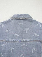 Bow Knot Print Light Wash Raw Hem Denim Jacket.