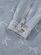 Bow Knot Print Light Wash Raw Hem Denim Jacket.