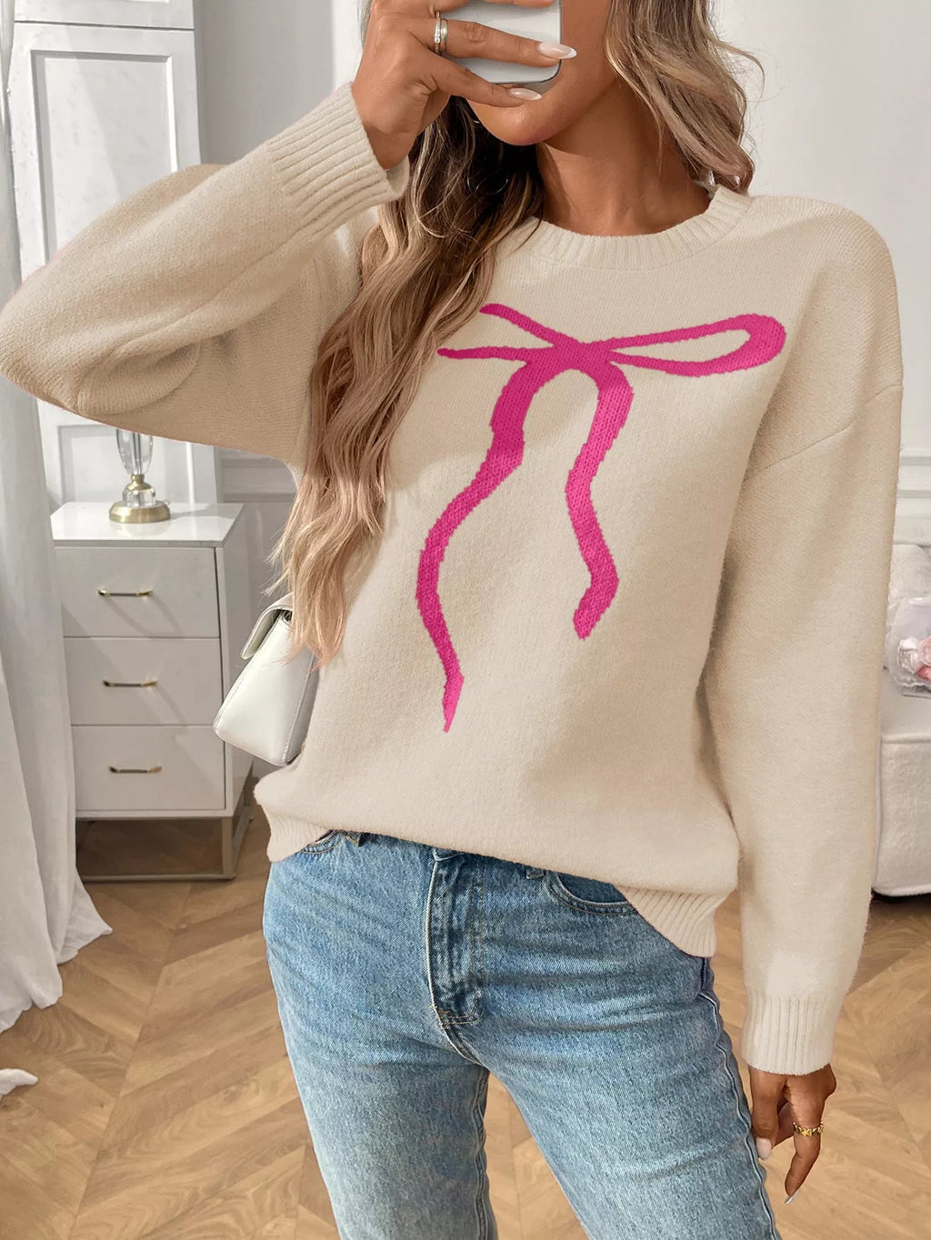 Bow Round Neck Long Sleeve Sweater.