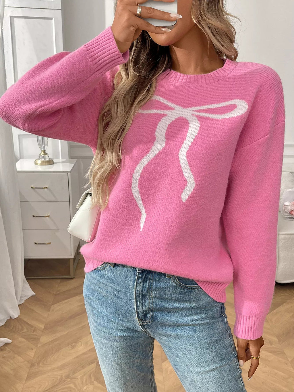 Bow Round Neck Long Sleeve Sweater.