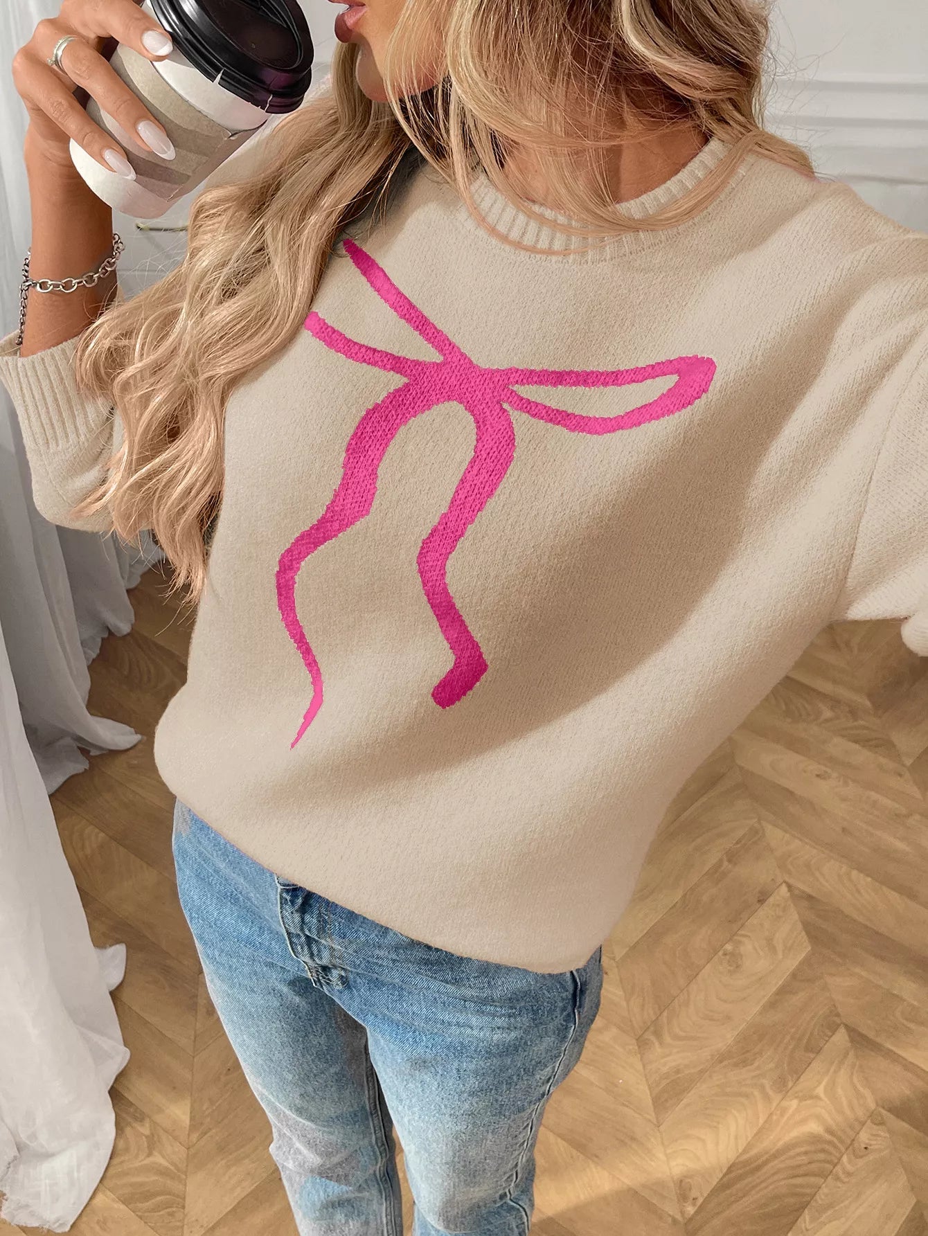 Bow Round Neck Long Sleeve Sweater.