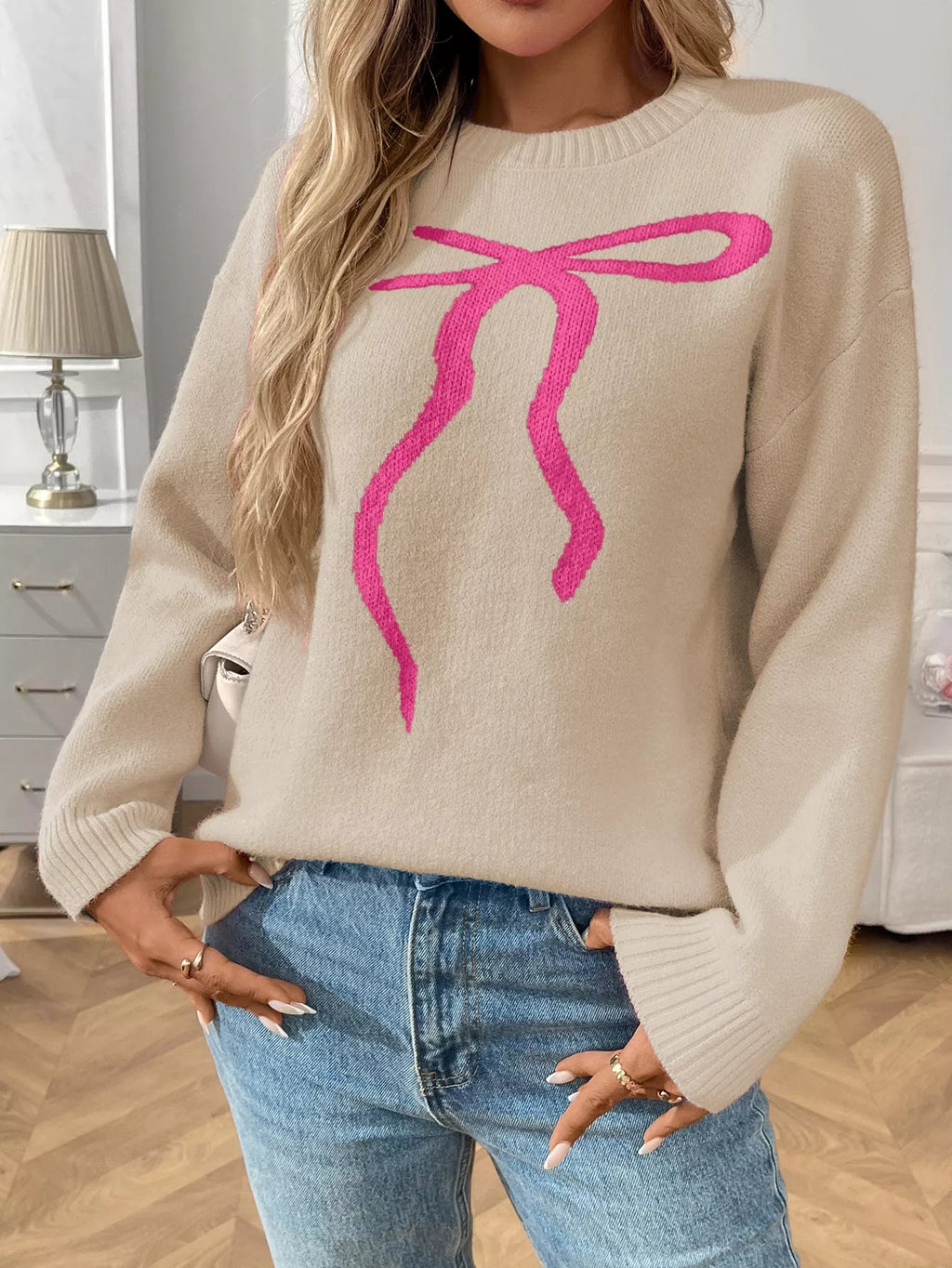 Bow Round Neck Long Sleeve Sweater.