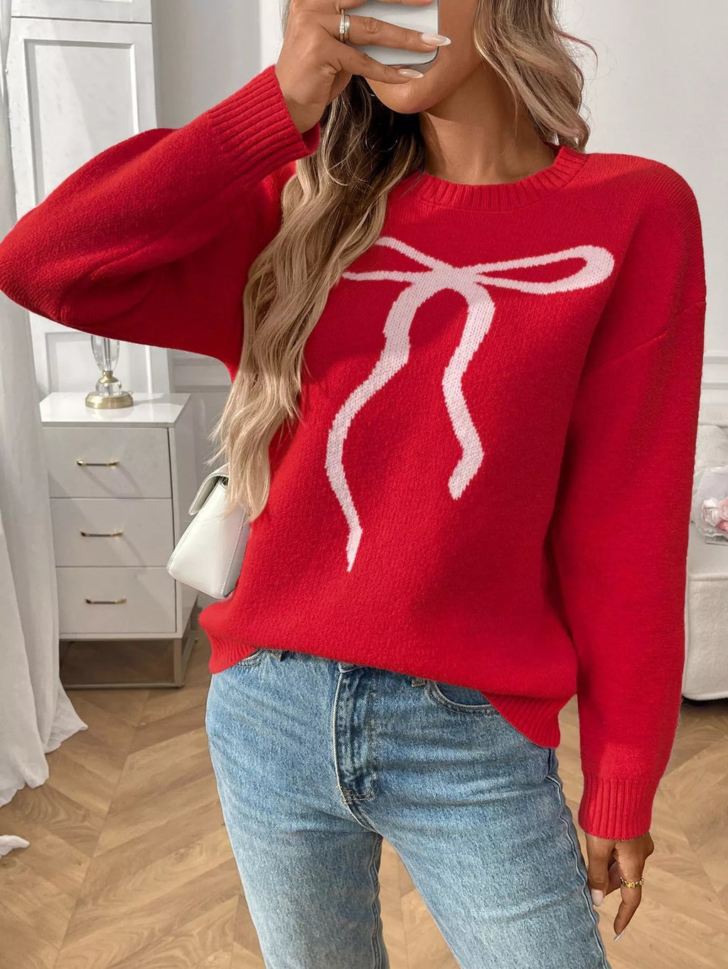 Bow Round Neck Long Sleeve Sweater.