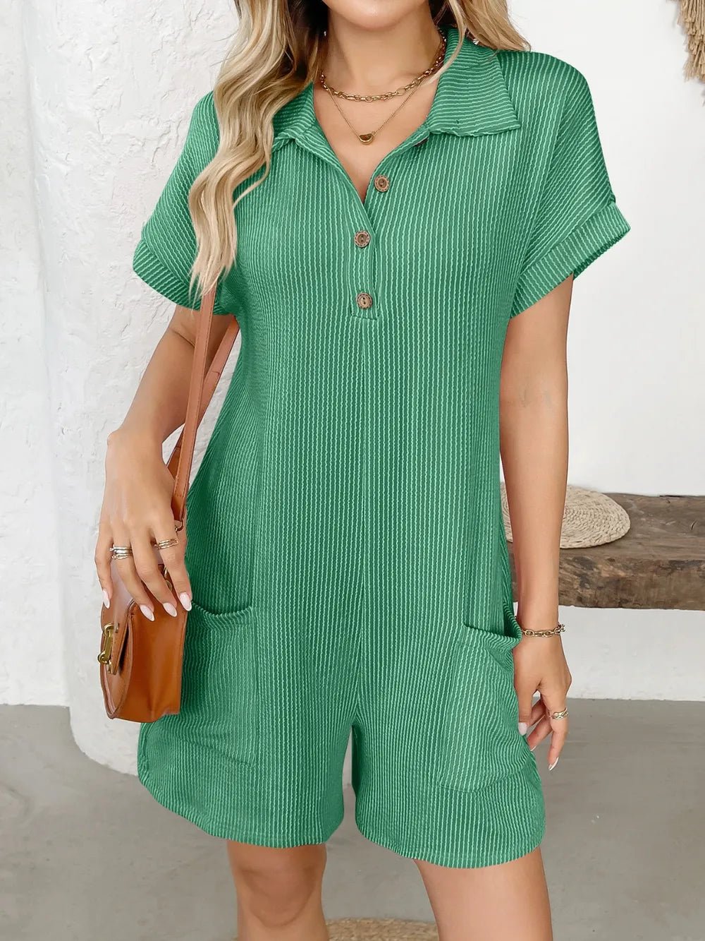 Button Detail Collared Neck Short Sleeve Romper.