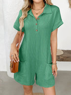 Button Detail Collared Neck Short Sleeve Romper.