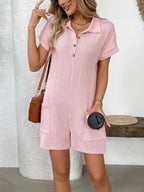 Button Detail Collared Neck Short Sleeve Romper.