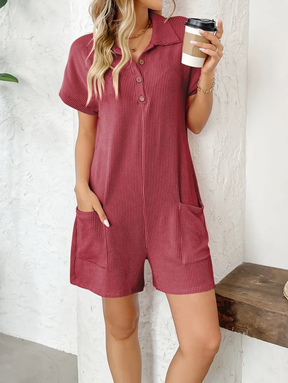 Button Detail Collared Neck Short Sleeve Romper.