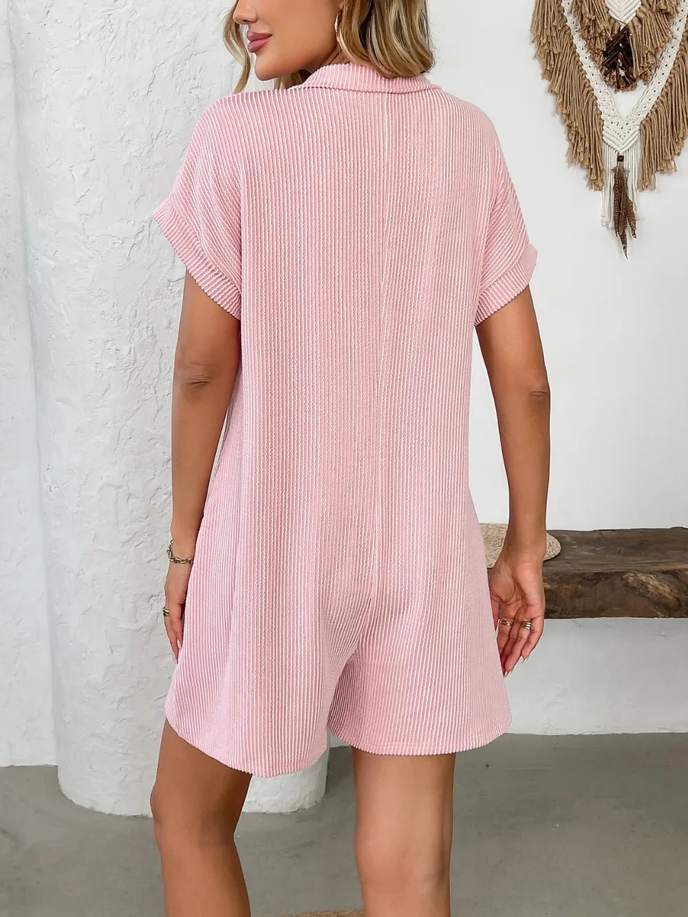 Button Detail Collared Neck Short Sleeve Romper.