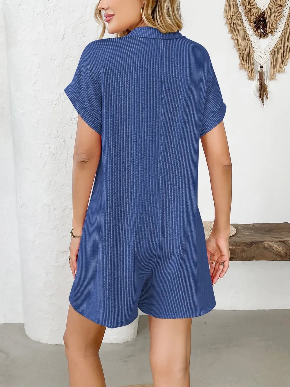 Button Detail Collared Neck Short Sleeve Romper.