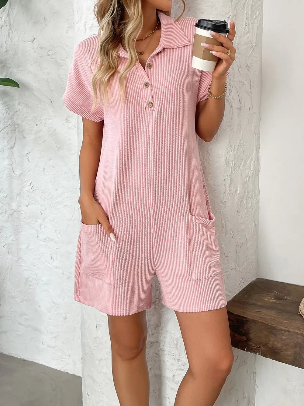Button Detail Collared Neck Short Sleeve Romper.