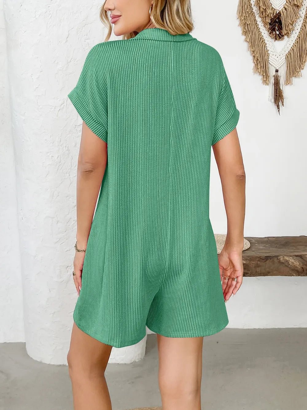 Button Detail Collared Neck Short Sleeve Romper.