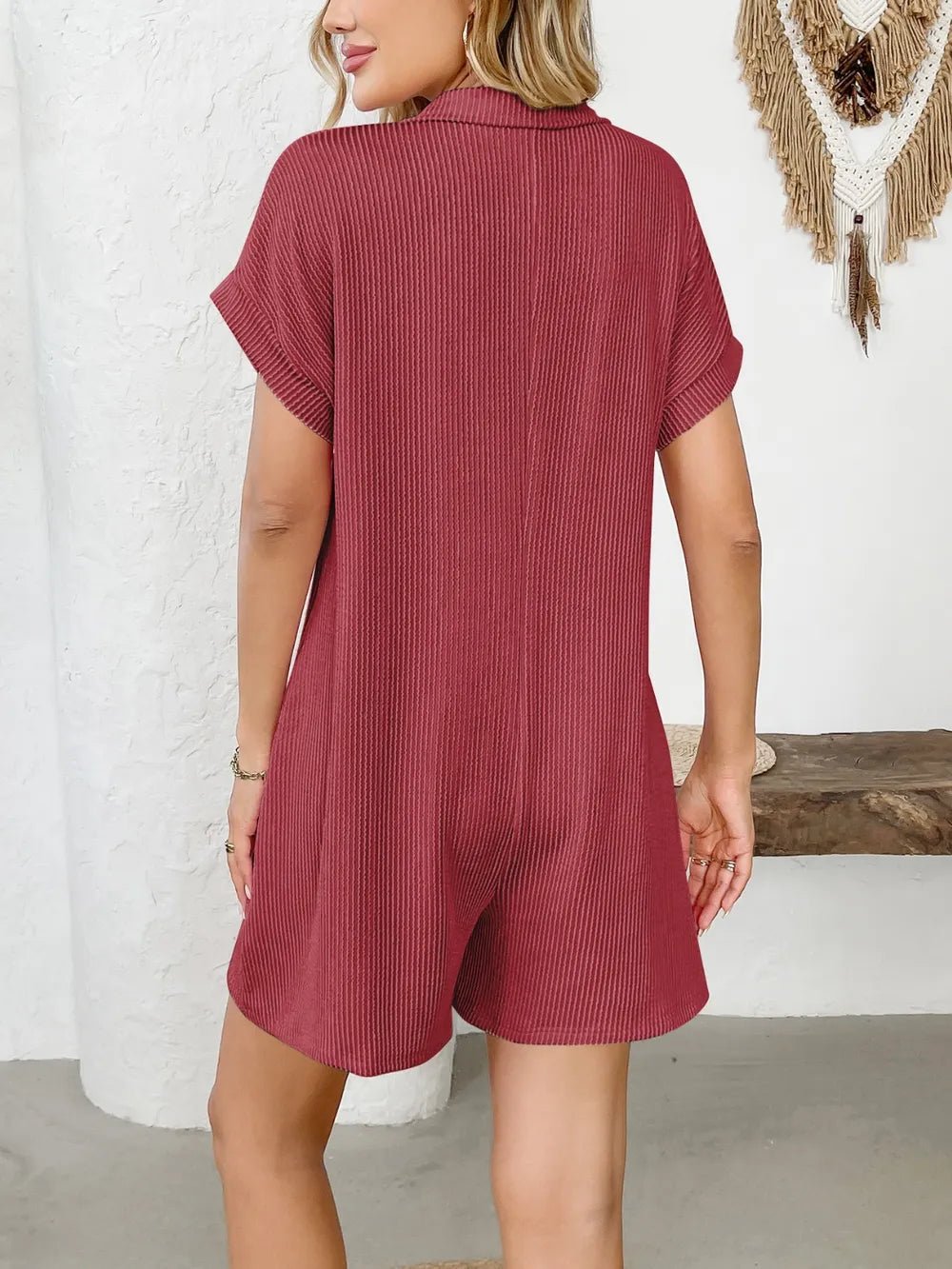 Button Detail Collared Neck Short Sleeve Romper.