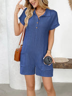Button Detail Collared Neck Short Sleeve Romper.
