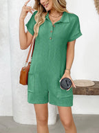 Button Detail Collared Neck Short Sleeve Romper.