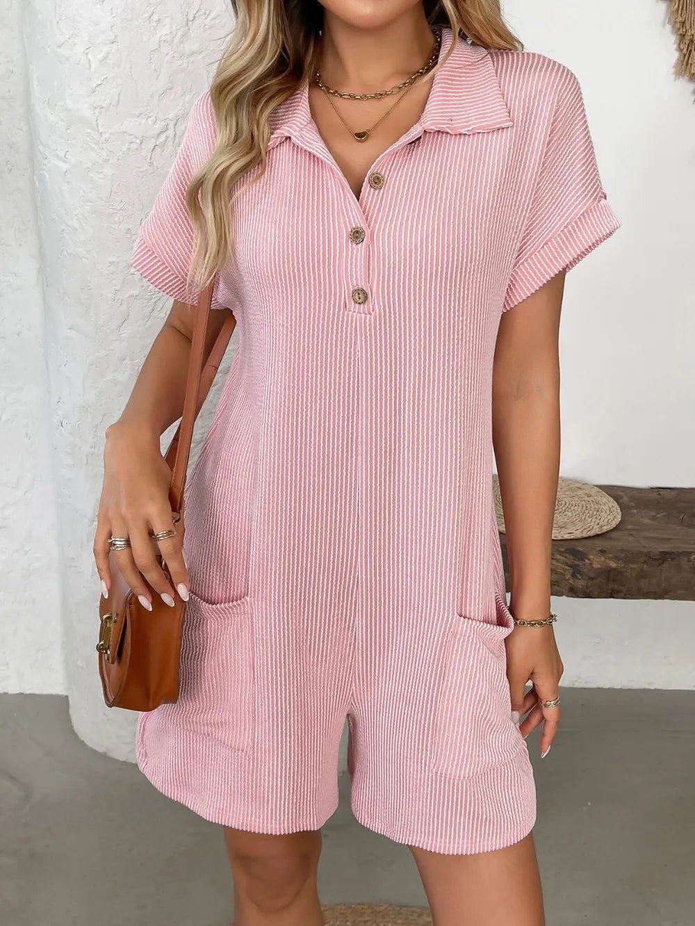 Button Detail Collared Neck Short Sleeve Romper.