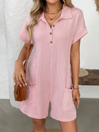 Button Detail Collared Neck Short Sleeve Romper.