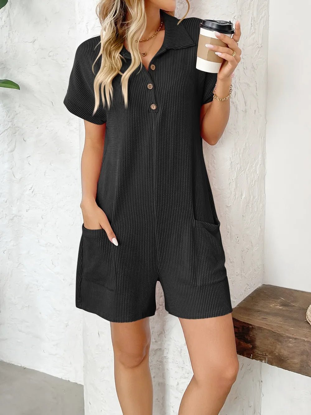 Button Detail Collared Neck Short Sleeve Romper.