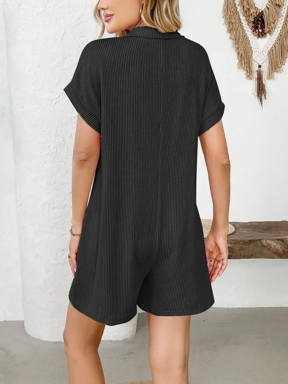 Button Detail Collared Neck Short Sleeve Romper.