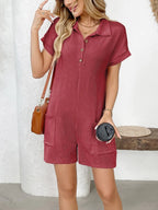 Button Detail Collared Neck Short Sleeve Romper.