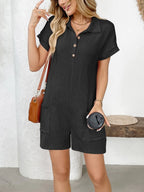 Button Detail Collared Neck Short Sleeve Romper.