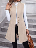Elegant button-down longline vest for sophisticated layering and stylish fashion statements