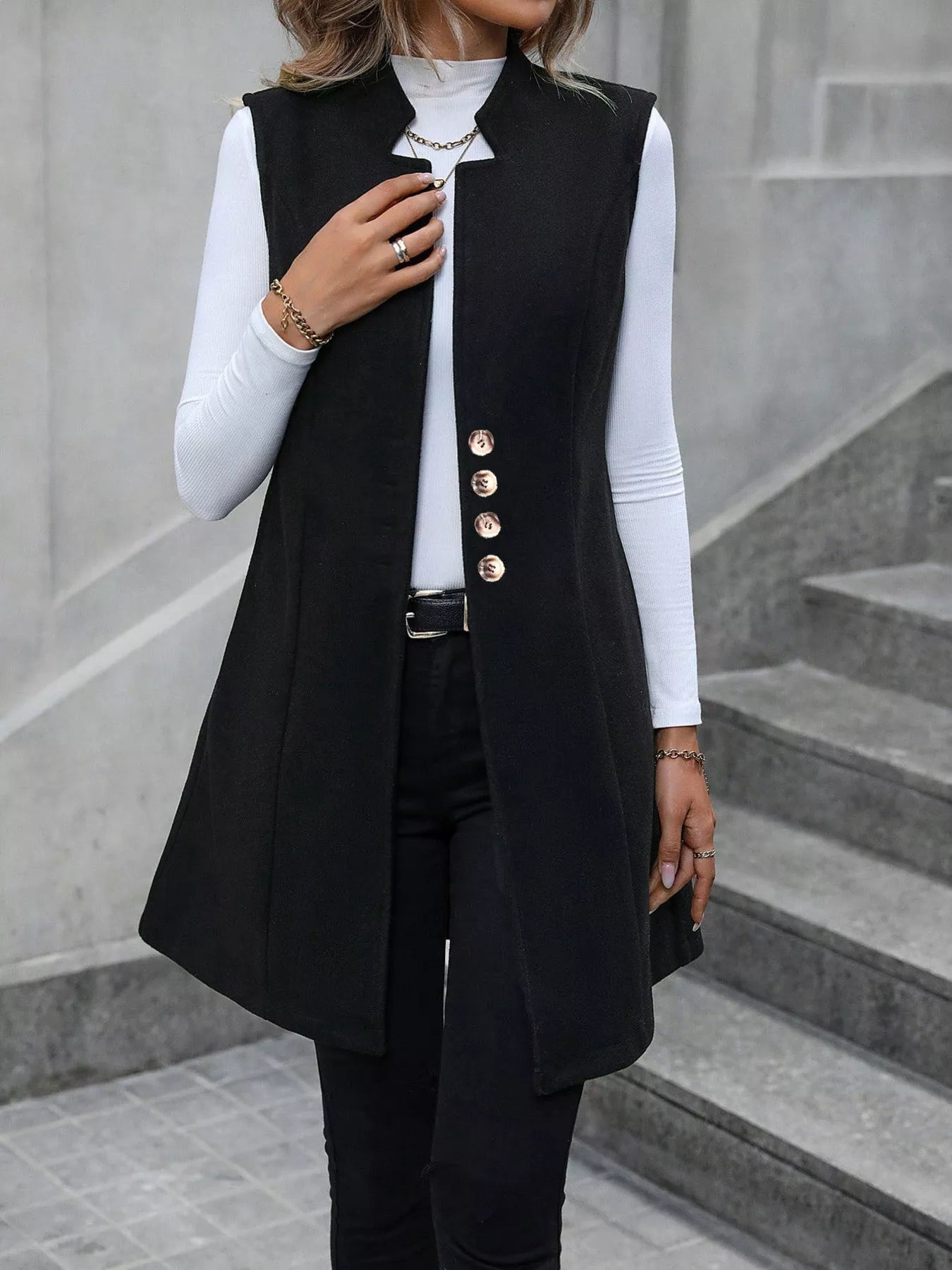 Elegant button-down longline vest for sophisticated layering and stylish fashion statements